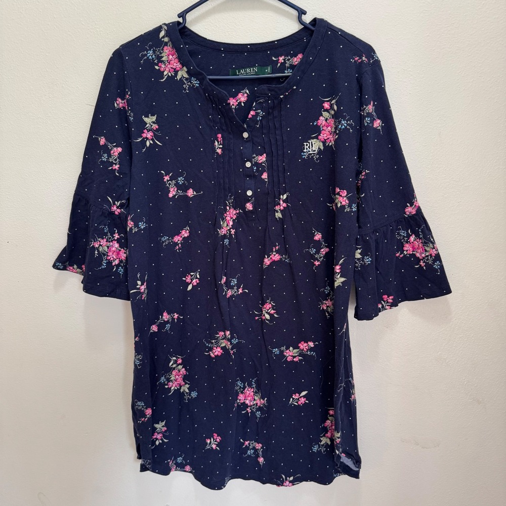 Lauren Ralph Lauren Navy Floral Polka Dot Henley Bell Sleeve Sleep Shirt M - Picture 5 of 9
